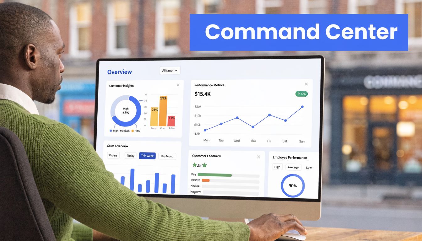 A professional man reviewing business analytics dashboard on a desktop computer screen in a bright office environment.