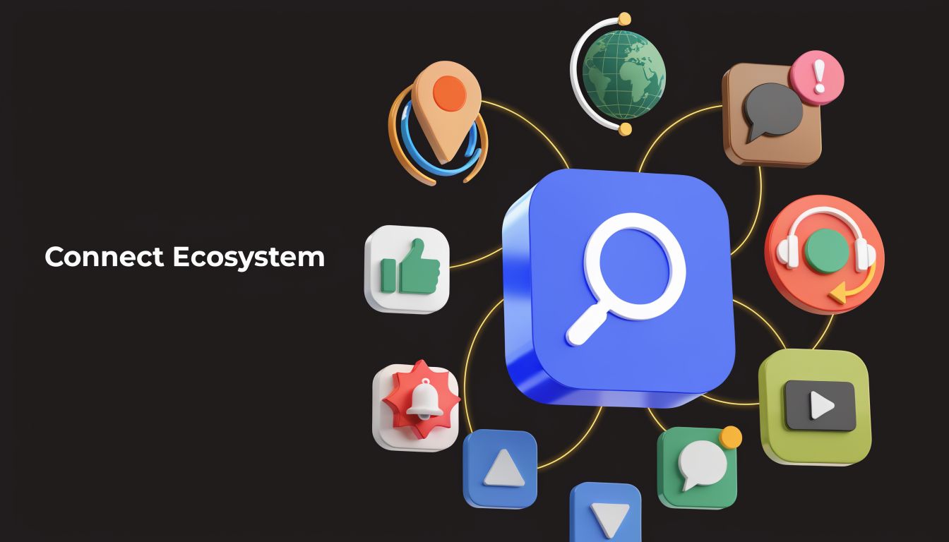 A 3D representation of a search icon connected to various digital communication and navigation application symbols.