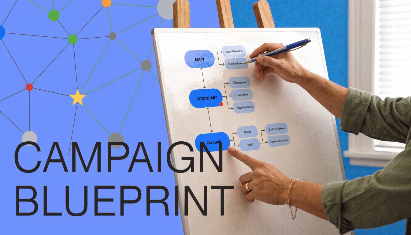 A person drawing a marketing campaign strategy diagram on a whiteboard with network nodes in the background.