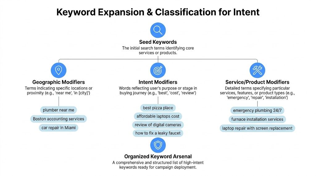 A flowchart diagram explaining the process of keyword expansion and classification for search engine optimization intent.