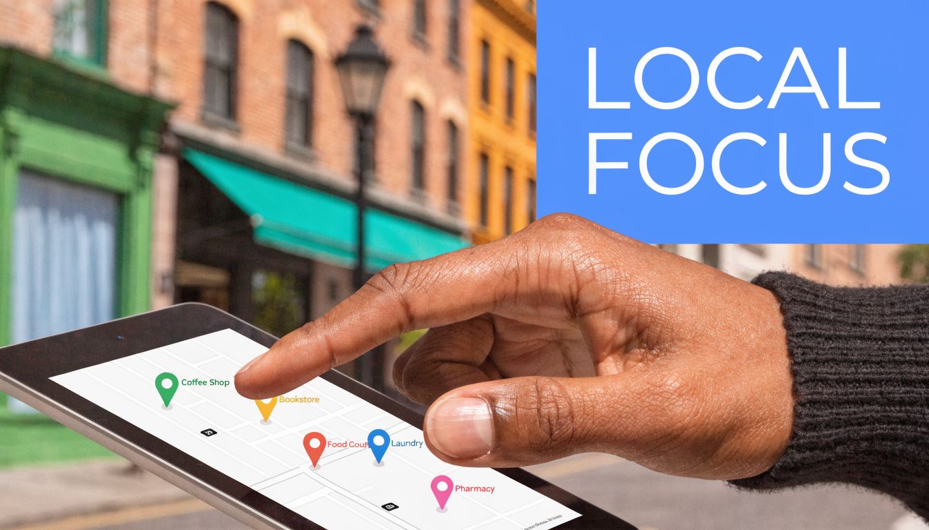 A close-up of a person's finger tapping on a digital tablet displaying a local city map.