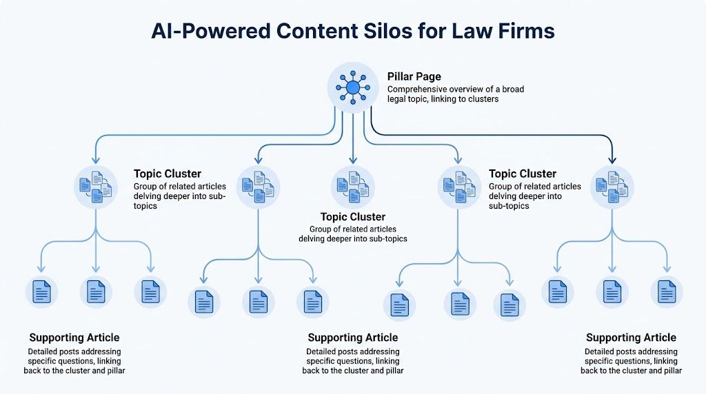 A diagram illustrating an AI-powered content silo strategy with a central pillar page and topic clusters.