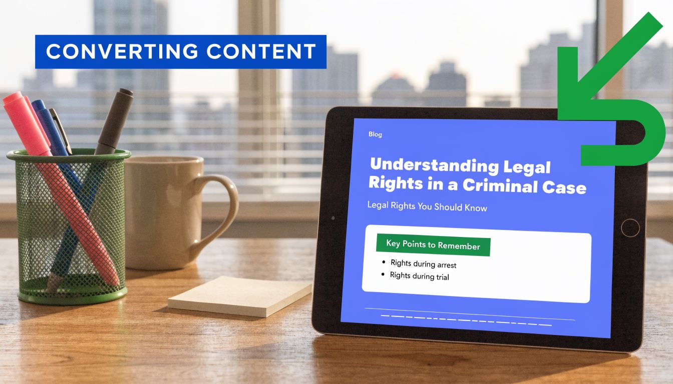 A digital tablet displaying a blog post about understanding legal rights in a criminal case on a desk.