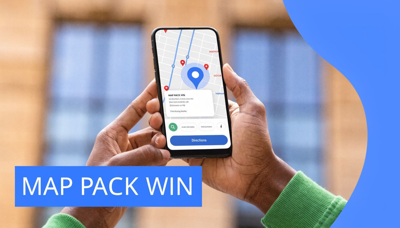 A person holding a smartphone showing a local map business listing interface for SEO strategy.