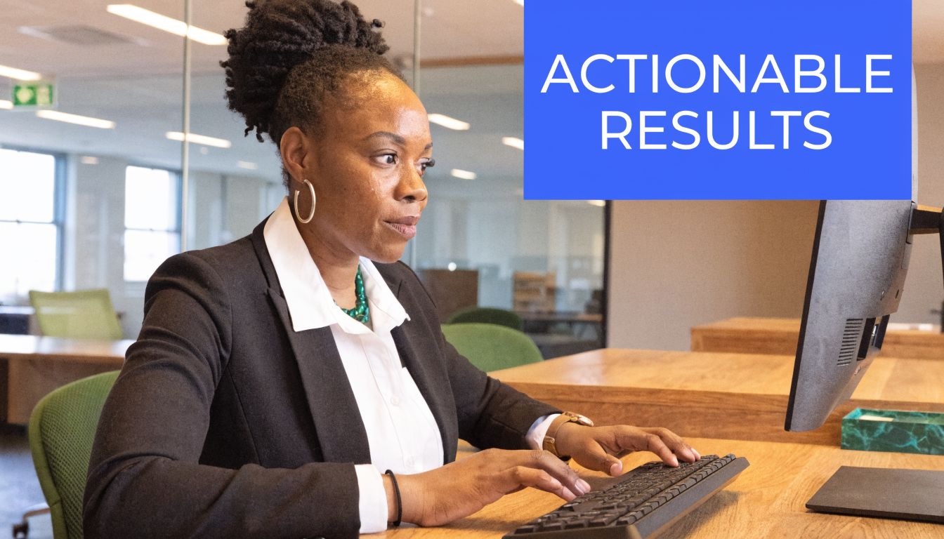 A professional woman in a business suit working on her computer in a modern office environment.