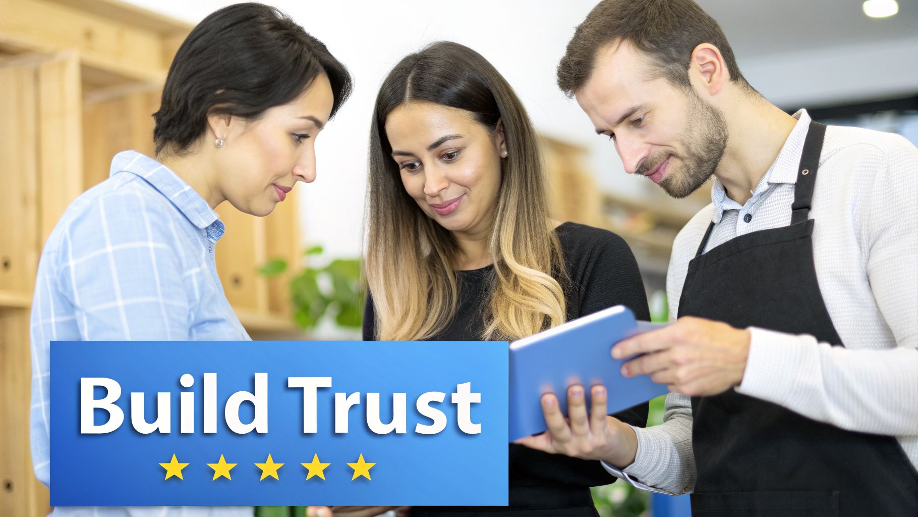 Three colleagues, including a man in an apron, collaborating on a tablet to build customer trust.