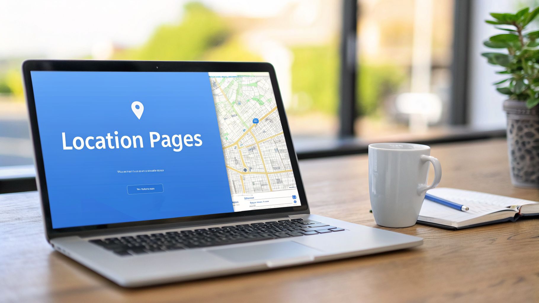 A laptop on a wooden desk displays 'Location Pages' and a map, alongside a white mug, pen, and notebook.