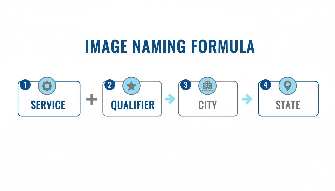 A formula for image naming shows a four-step process: Service, Qualifier, City, and State.