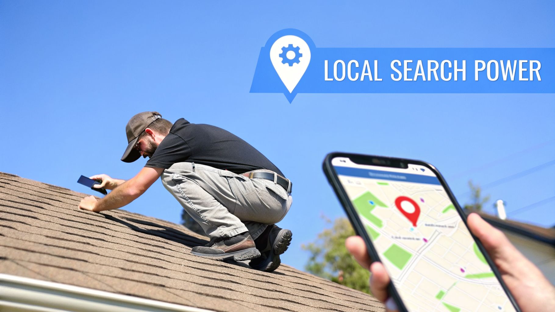 A professional on a roof using a device, with a smartphone displaying a local map and 'Local Search Power' text.
