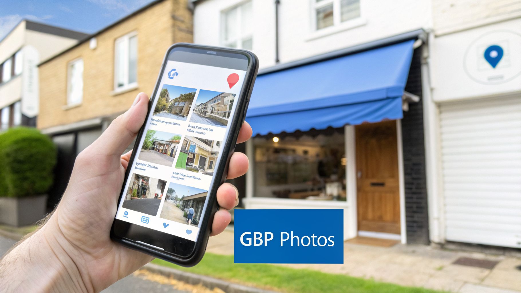 A hand holds a smartphone displaying property photos and a map pin, with street buildings in the background.