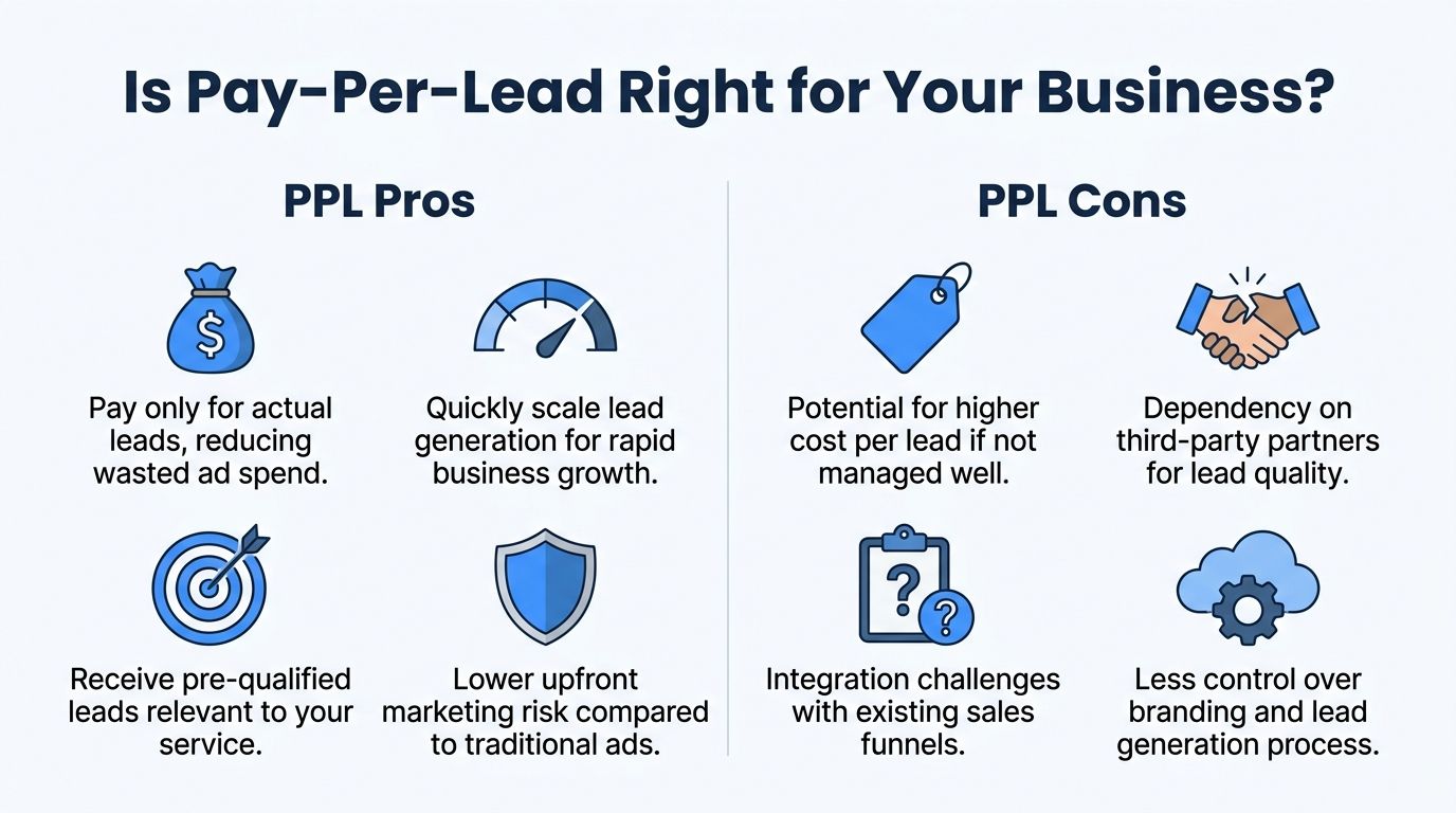 An infographic comparing the pros and cons of using a pay-per-lead marketing strategy for business growth.