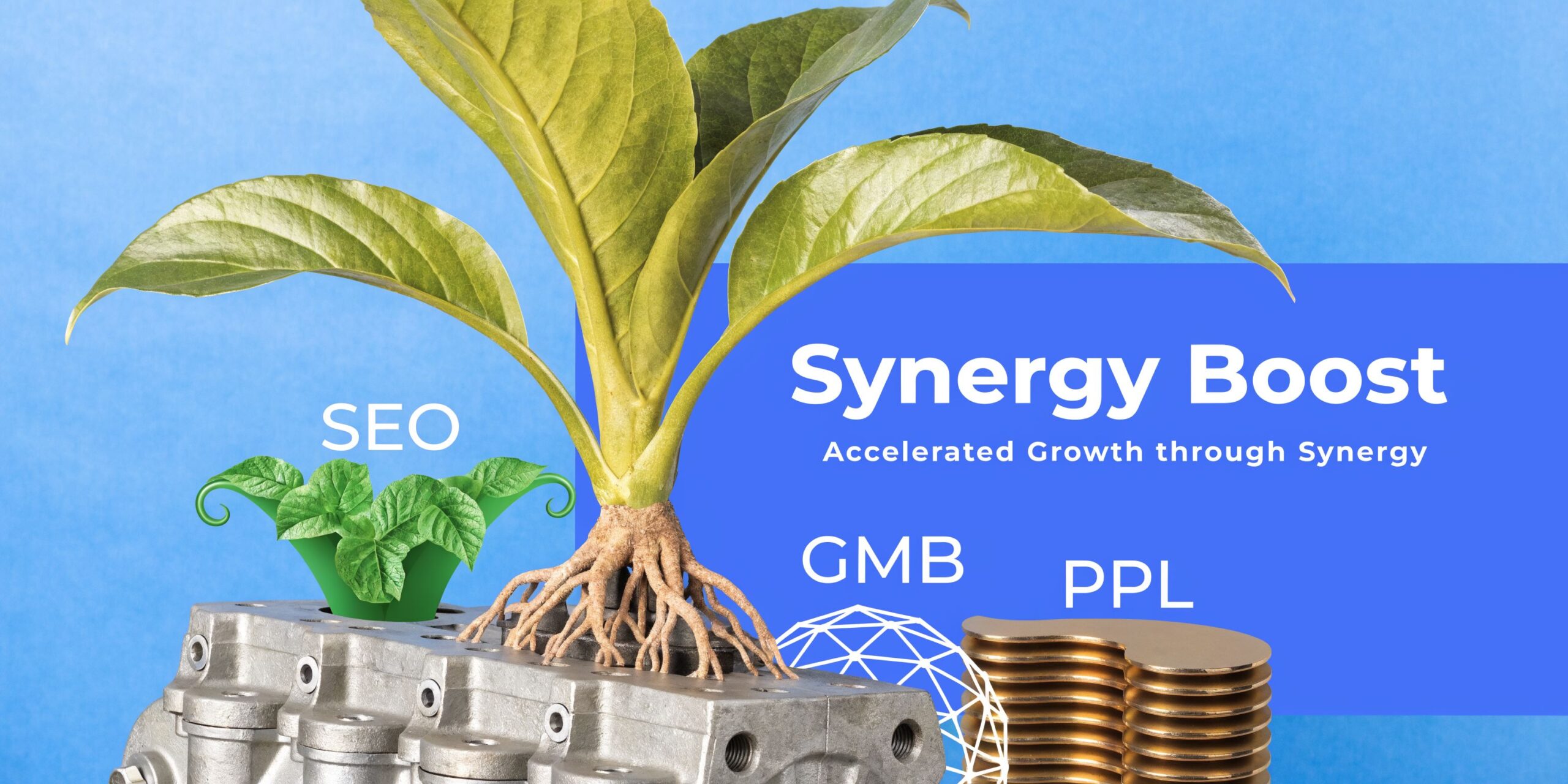 A conceptual graphic illustrating business growth by combining SEO, GMB, and PPL into a synergistic marketing strategy.