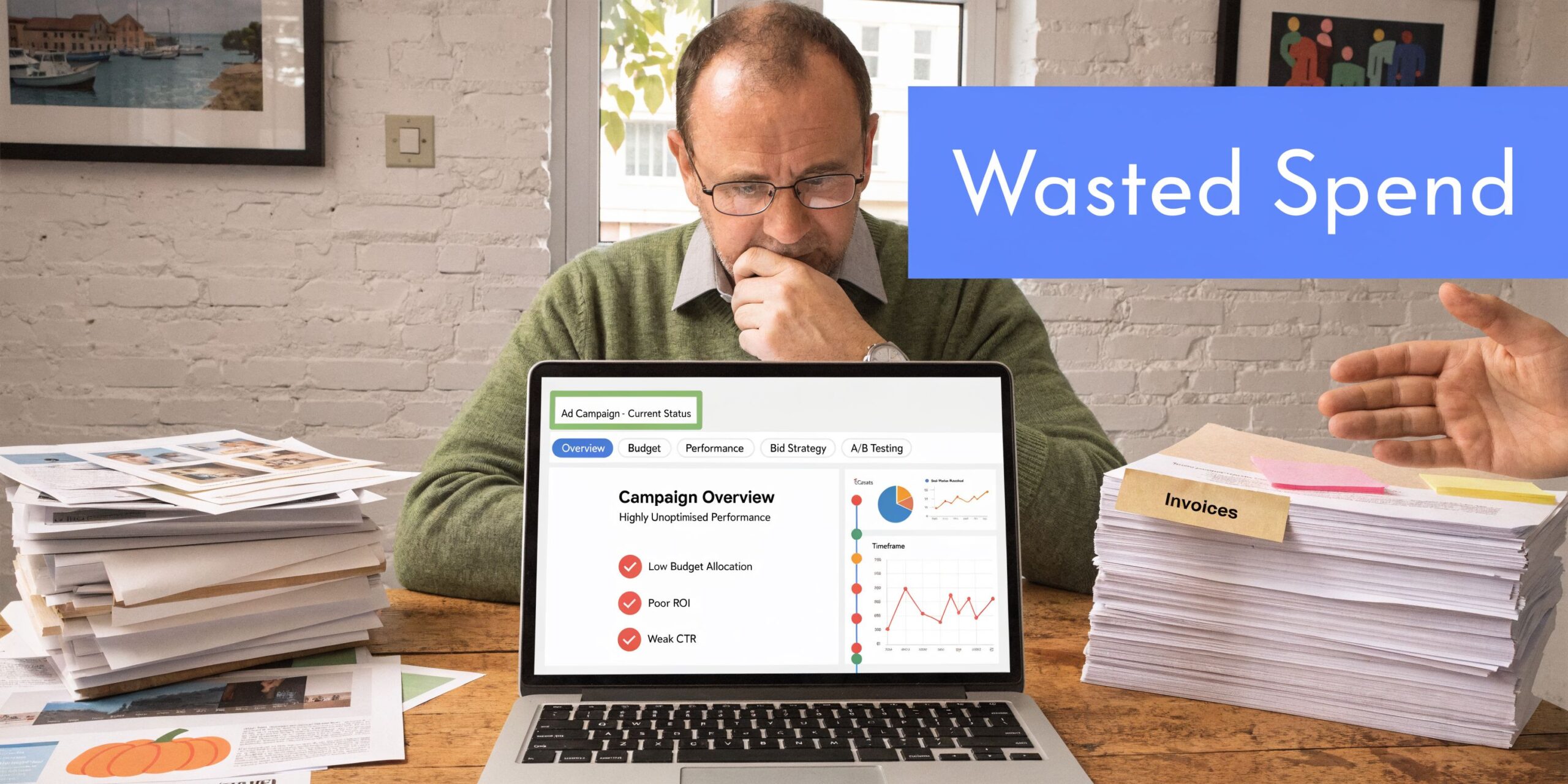 A concerned business owner reviews poor advertising performance data on a laptop surrounded by stacks of invoices.