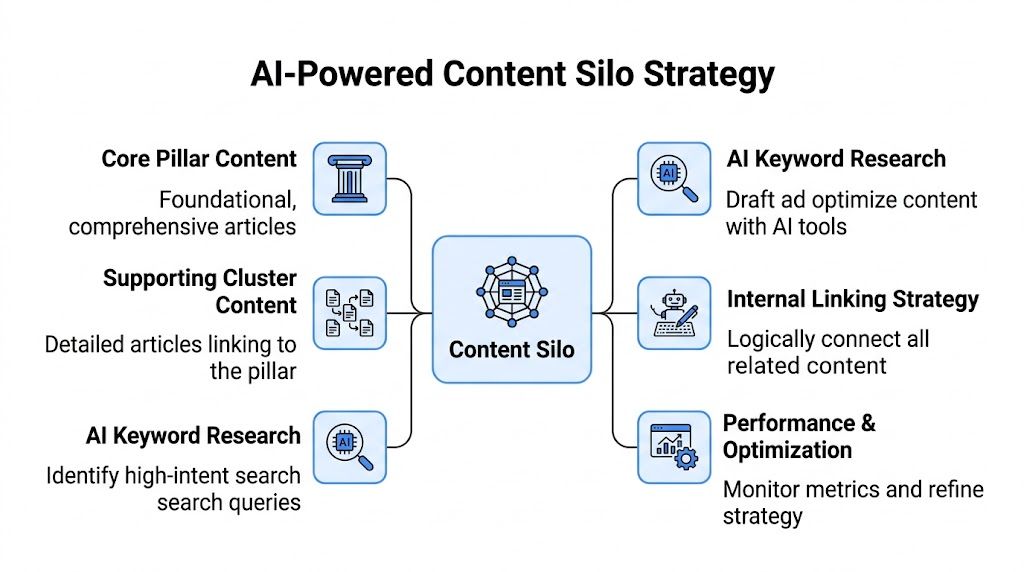 A diagram outlining the AI-Powered Content Silo strategy for organizing search engine optimized website content.