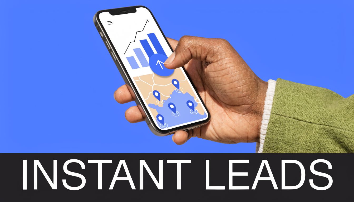 A hand holding a smartphone displaying business growth charts and a map with location markers for leads.