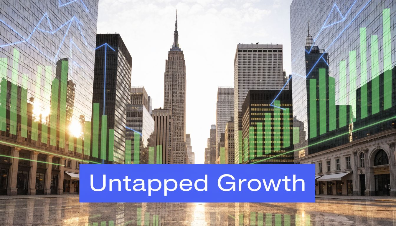 A city skyline featuring the Empire State Building overlaid with a green bar chart indicating financial growth.