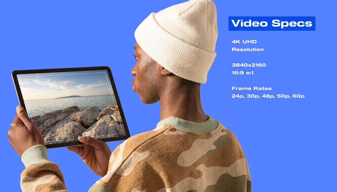 A person in a beanie and camouflage sweatshirt holding a tablet displaying a coastal landscape photograph.