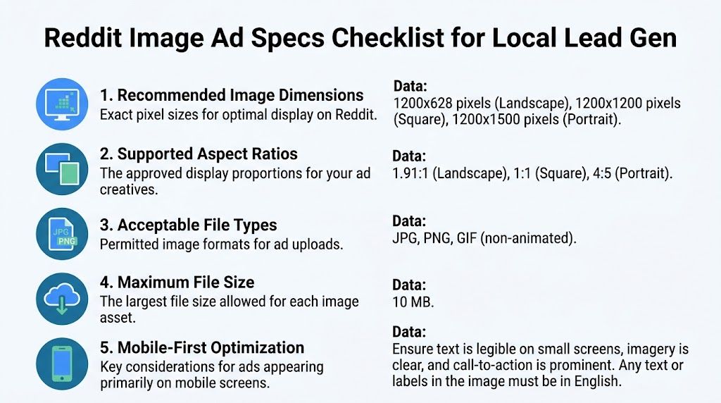 A checklist infographic summarizing Reddit image ad specifications for local lead generation campaigns and ad creative standards.