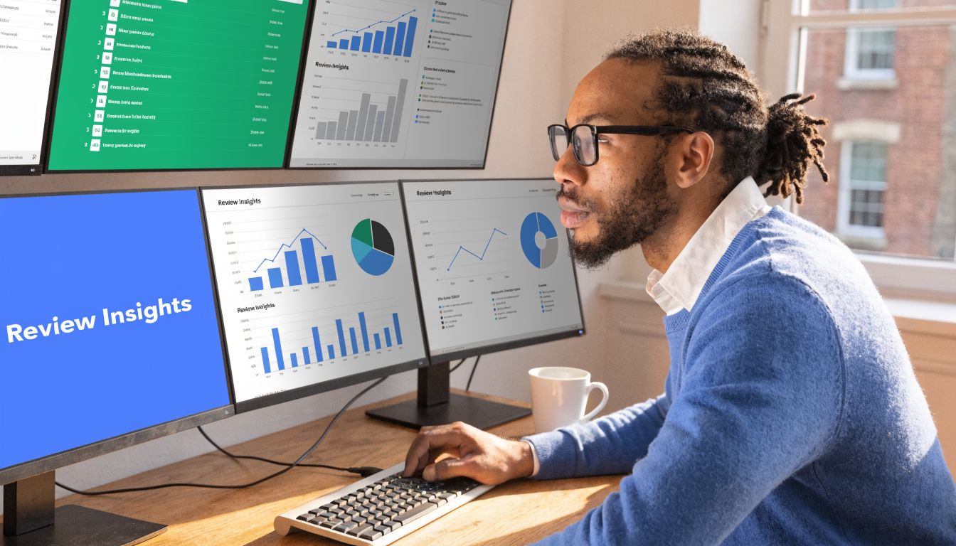 A man in a blue sweater analyzing data on multiple computer screens showing review insights.