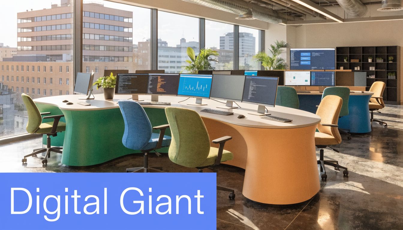 A modern, open-plan office space featuring colorful ergonomic chairs and desks with multiple computer monitors.