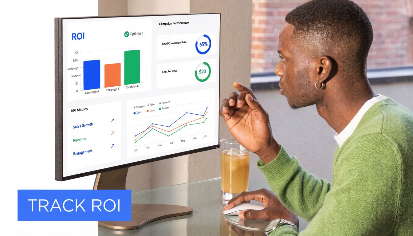 A professional analyzing digital marketing ROI and KPI metrics on a computer screen in an office setting.