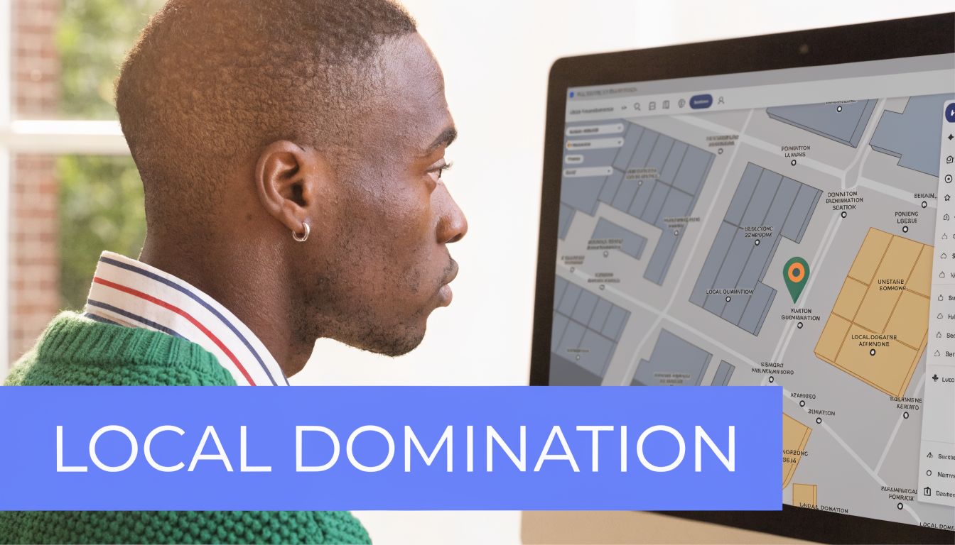 A young man looking at a digital map interface on a computer screen for local business optimization.