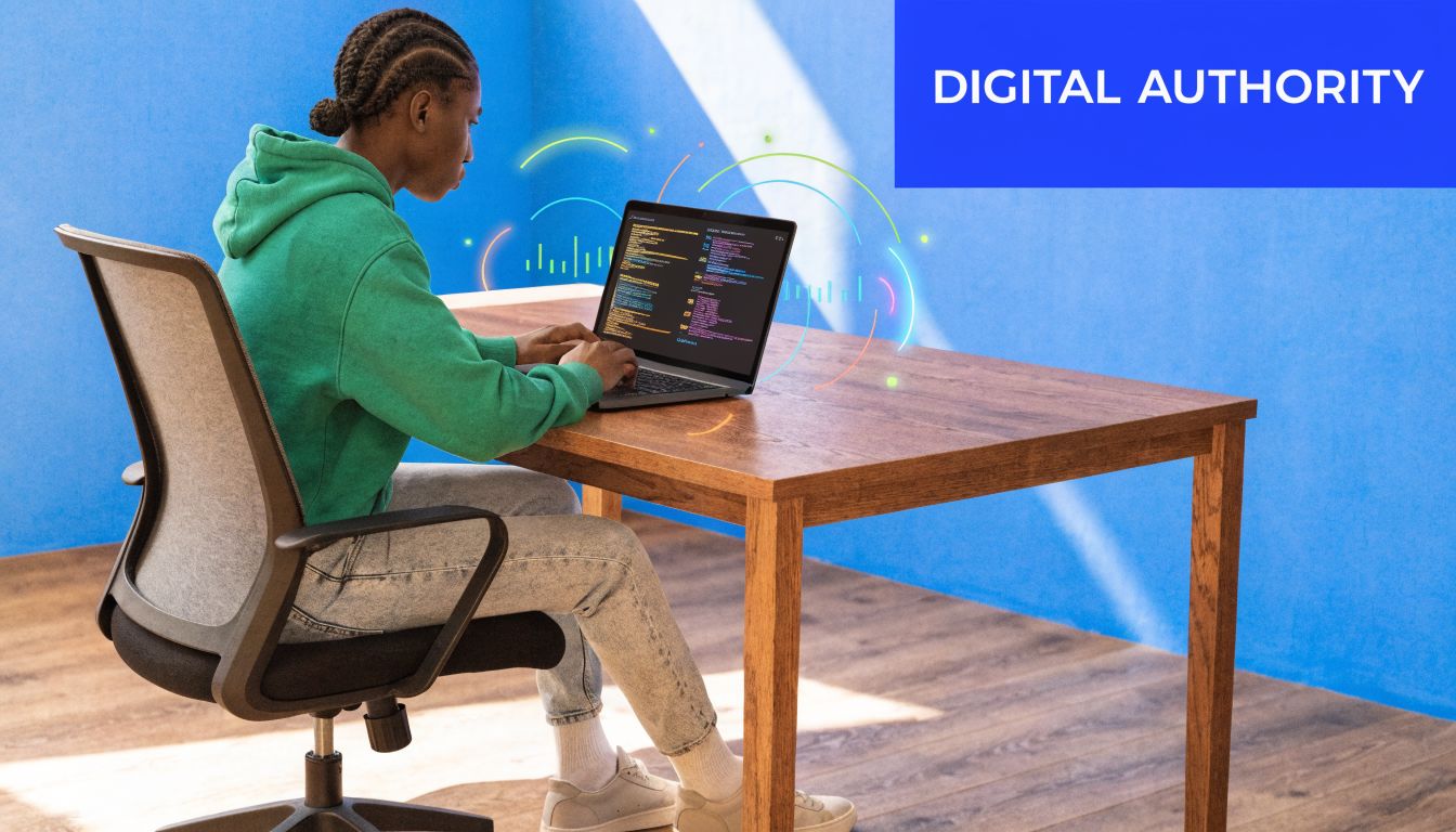 A young programmer with braided hair sits at a desk typing code on a modern laptop.