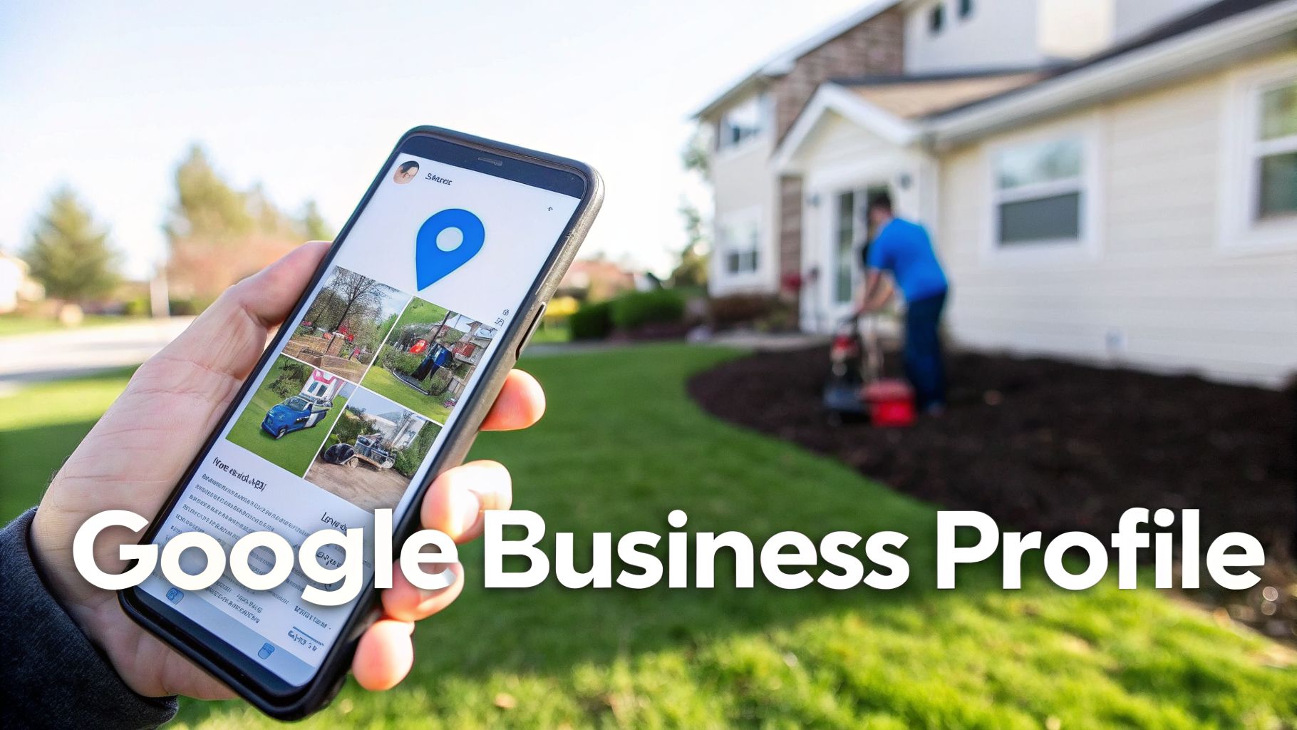 Hand holding a smartphone displaying a Google Business Profile with landscaping images, while a landscaper works in the background.