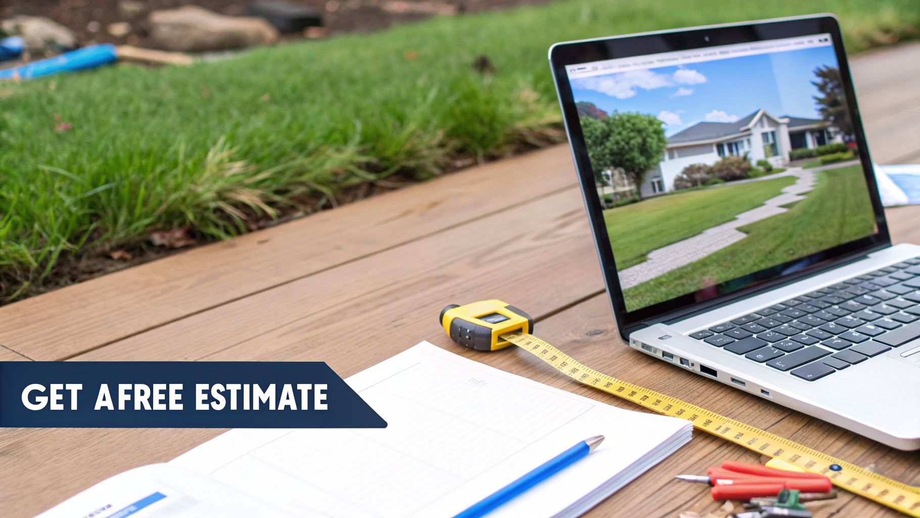 A laptop displays a landscaped house, next to a notebook, measuring tape, and a 'Get A Free Estimate' banner on a wooden deck.