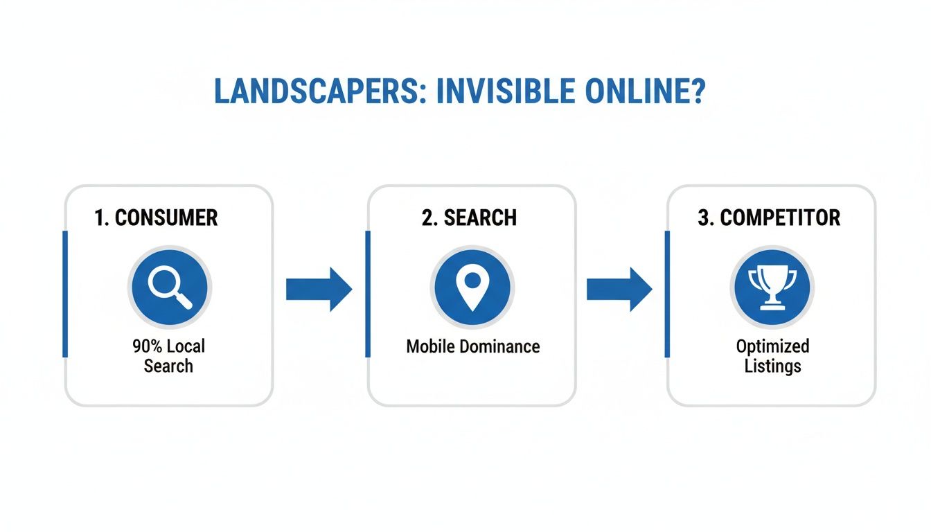 Infographic showing the online search process for landscapers, from consumer local search to mobile dominance and competitor optimized listings.