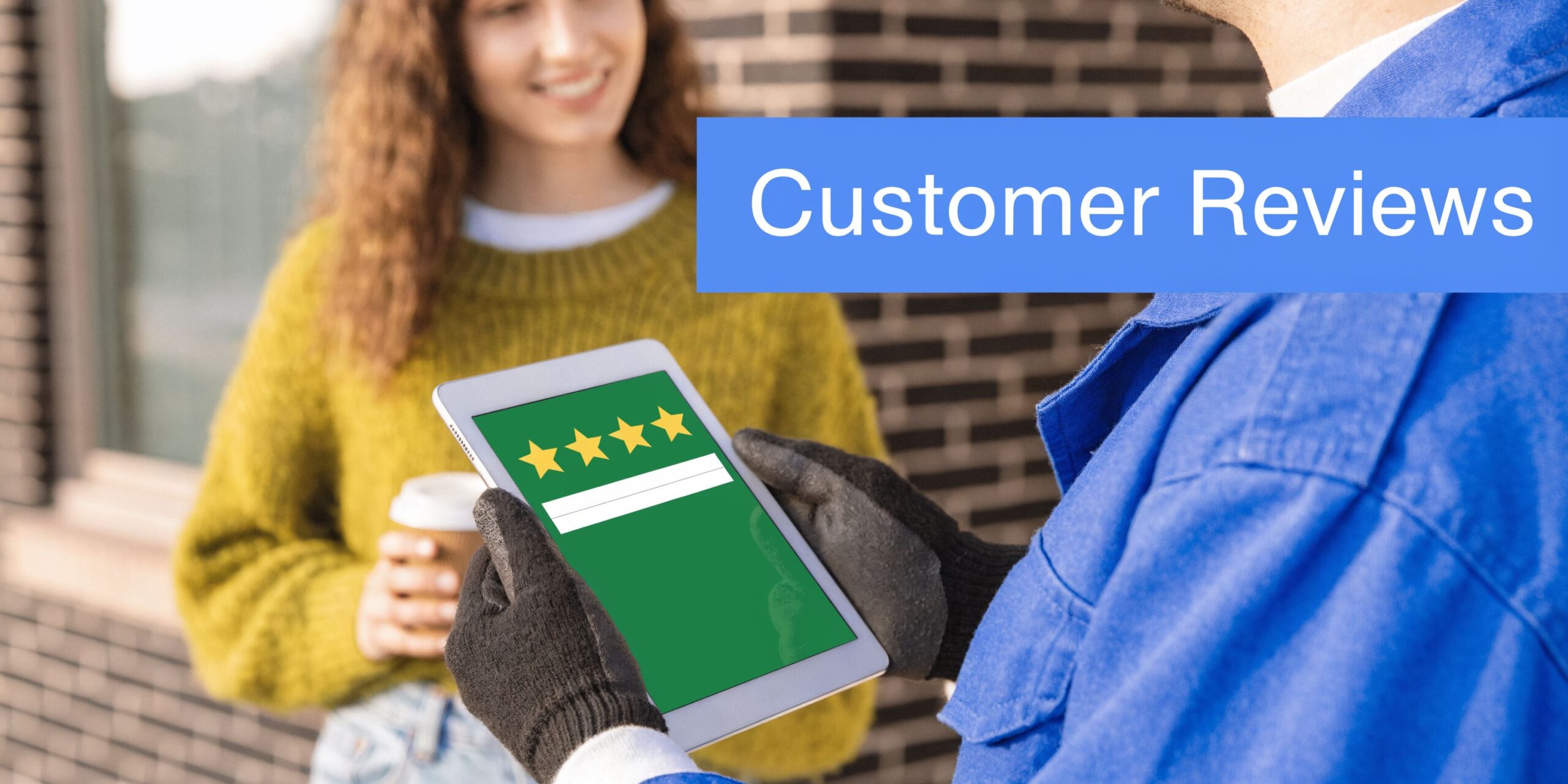 A delivery person in a blue uniform holding a digital tablet displaying a positive customer review rating.