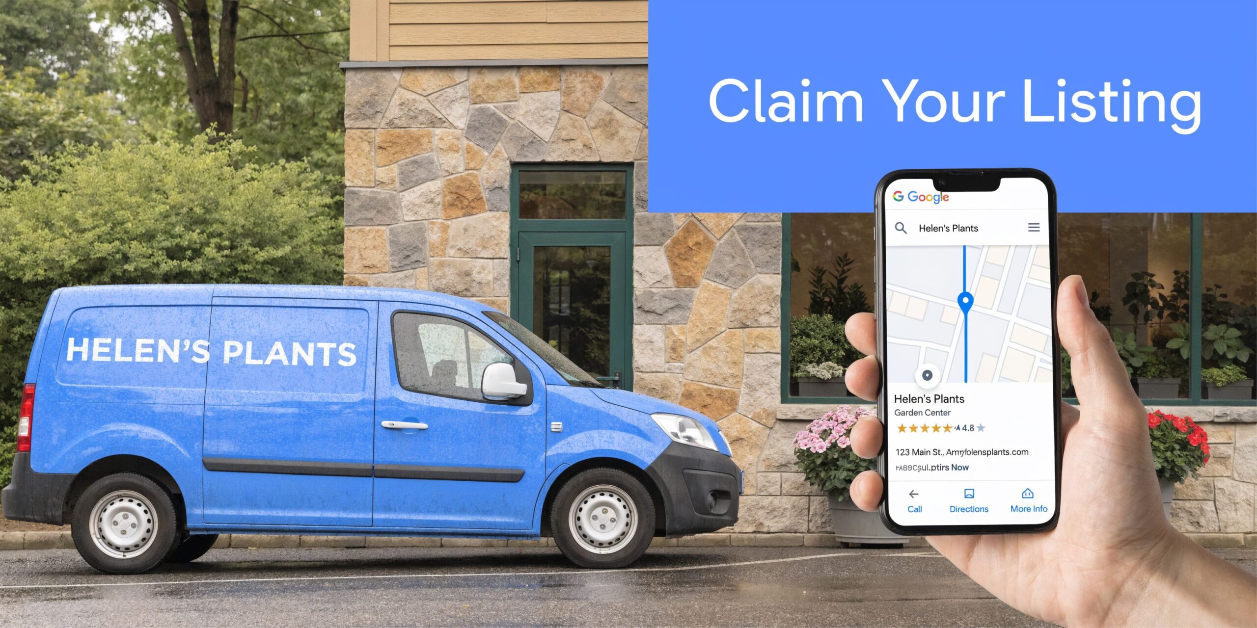 A hand holds a smartphone showing a Google Maps business listing for Helen's Plants near a branded van.