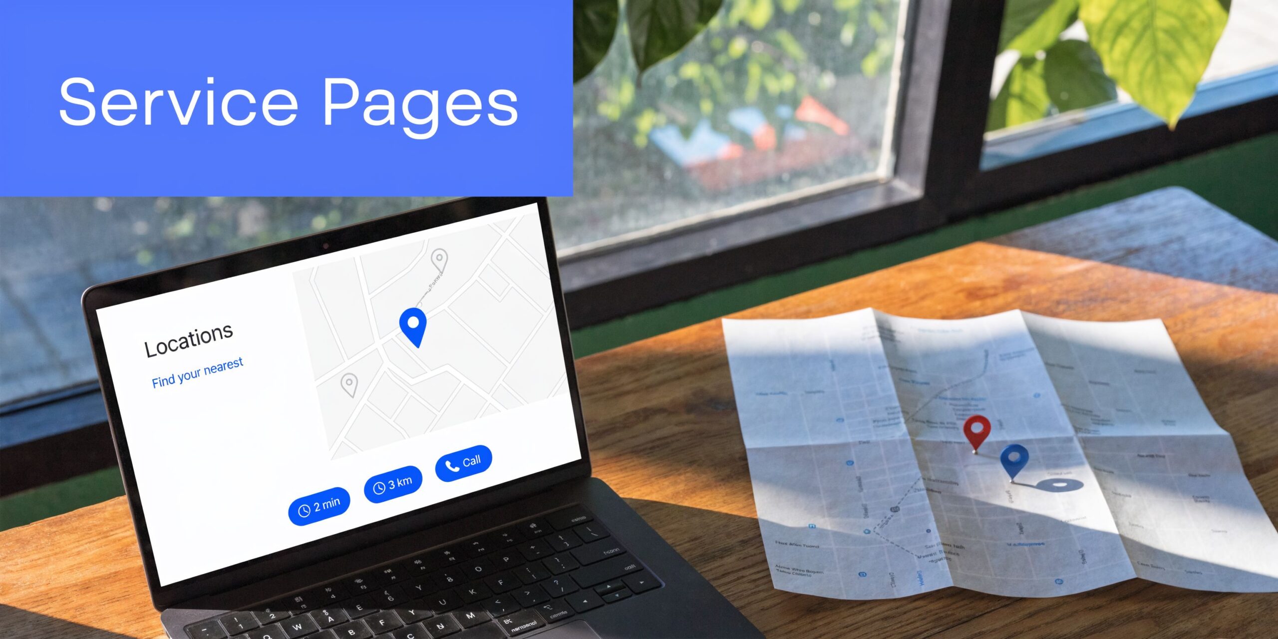 A laptop displaying a location finder website beside a physical map on a wooden table desk.
