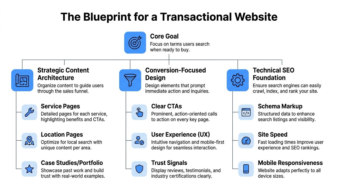 An infographic titled The Blueprint for a Transactional Website detailing strategies for content, design, and technical SEO.
