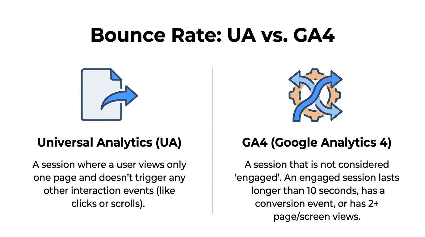 A comparison chart explaining the difference between bounce rate definitions in Universal Analytics versus Google Analytics 4.