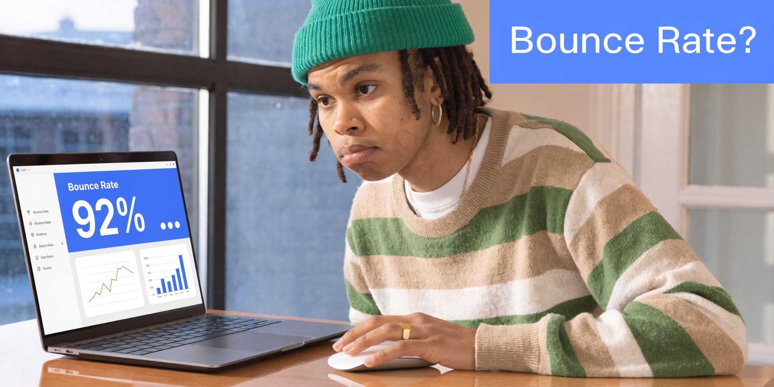 A concerned young person sitting at a laptop reviewing an analytics dashboard showing a 92 percent bounce rate.