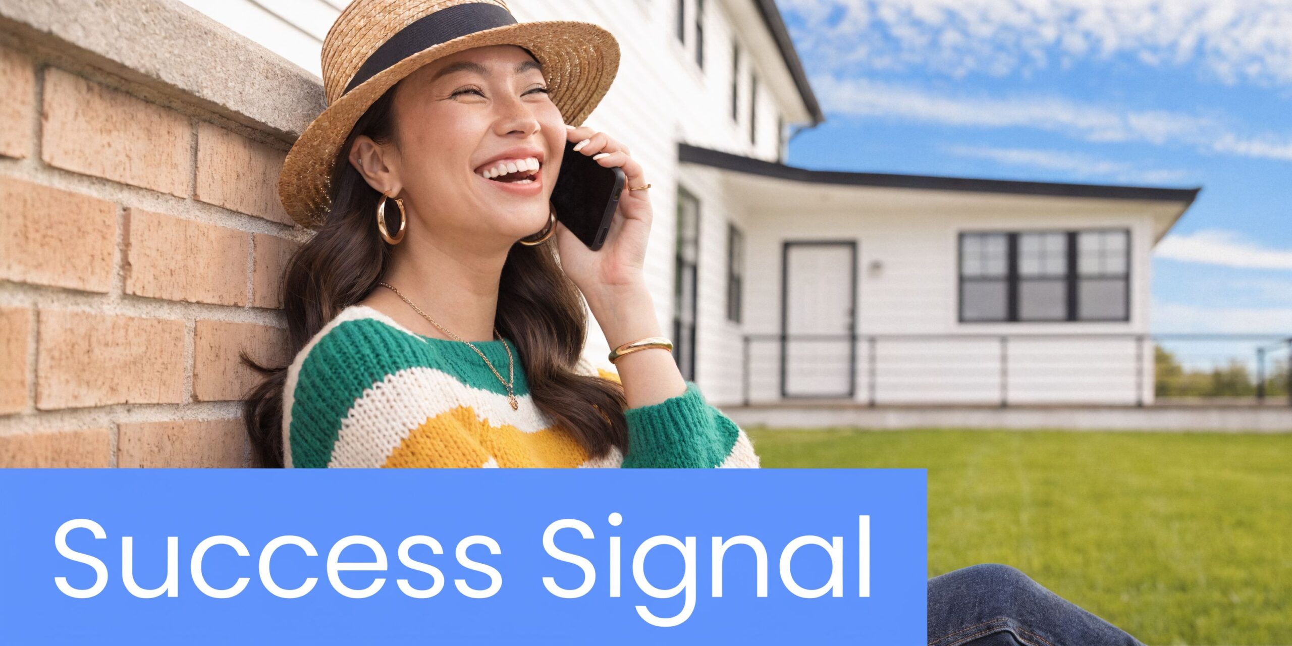 A joyful woman wearing a straw hat laughs while talking on her phone outside a home.
