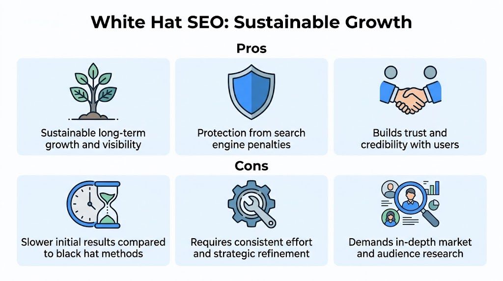 A chart illustrating the pros and cons of white hat SEO for sustainable website growth and visibility.