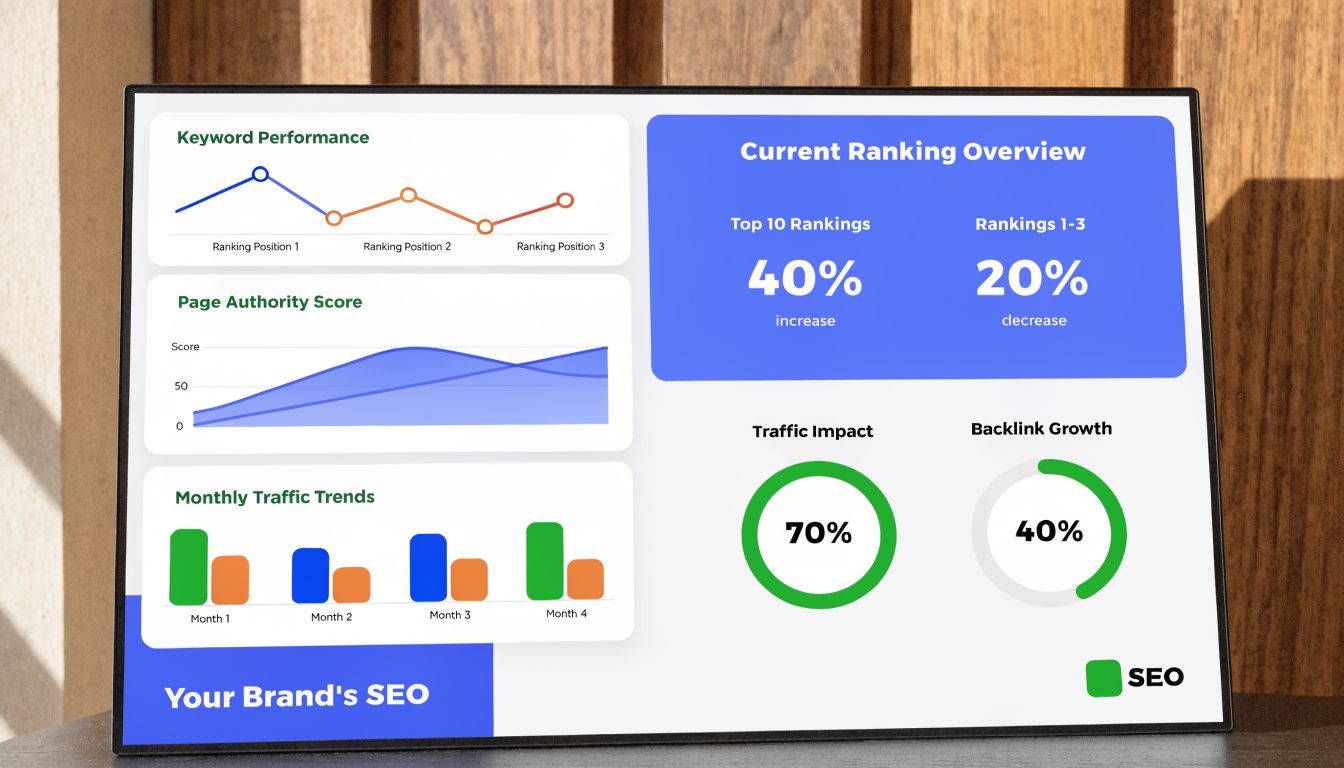 A digital display monitor showcasing an SEO performance dashboard with various charts, graphs, and ranking metrics.