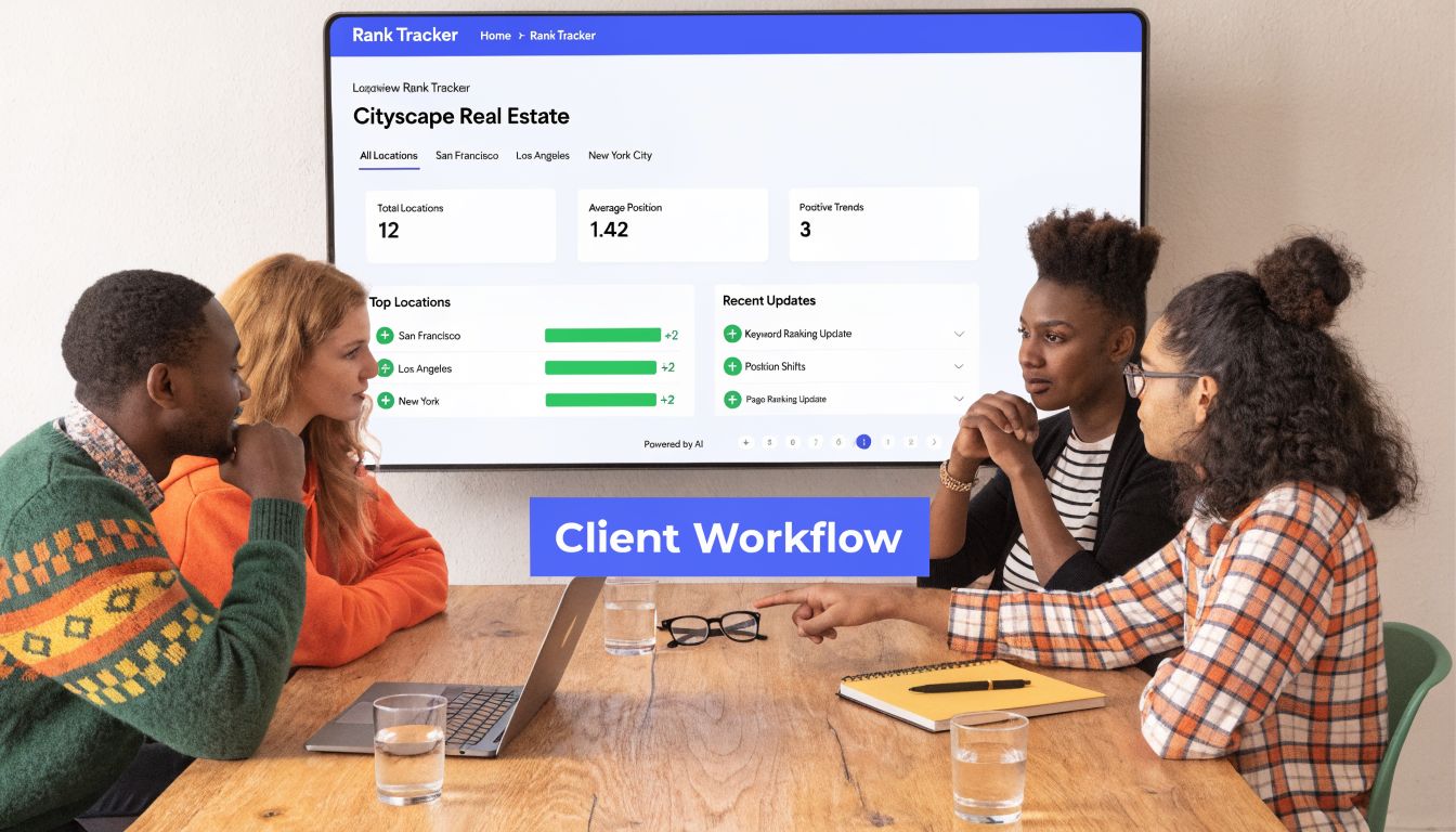 A diverse group of professionals collaborating in a meeting while looking at a rank tracker dashboard display.