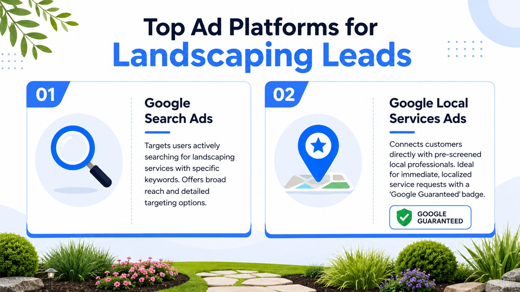 A graphic highlighting Google Search Ads and Google Local Services Ads as top platforms for landscaping business leads.
