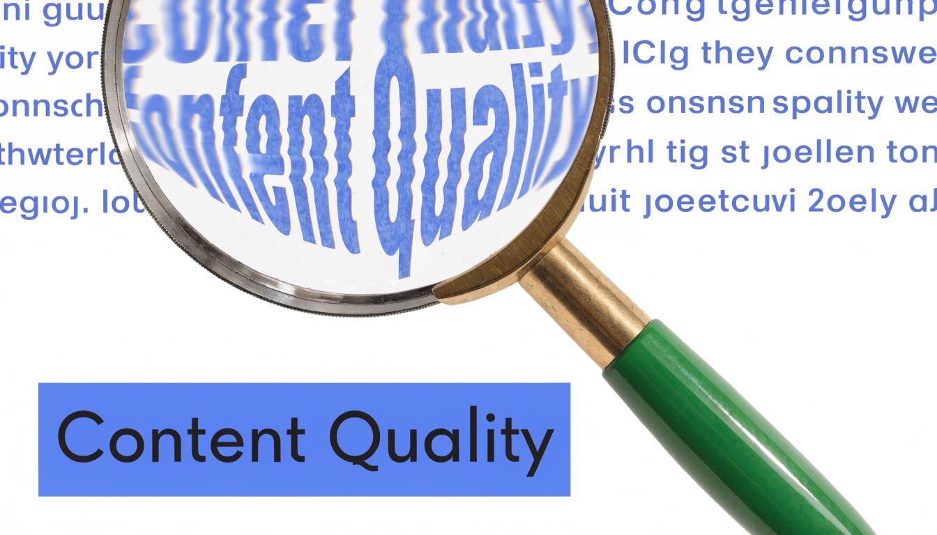 A magnifying glass focusing on the text Content Quality over a background of blurry abstract letters.
