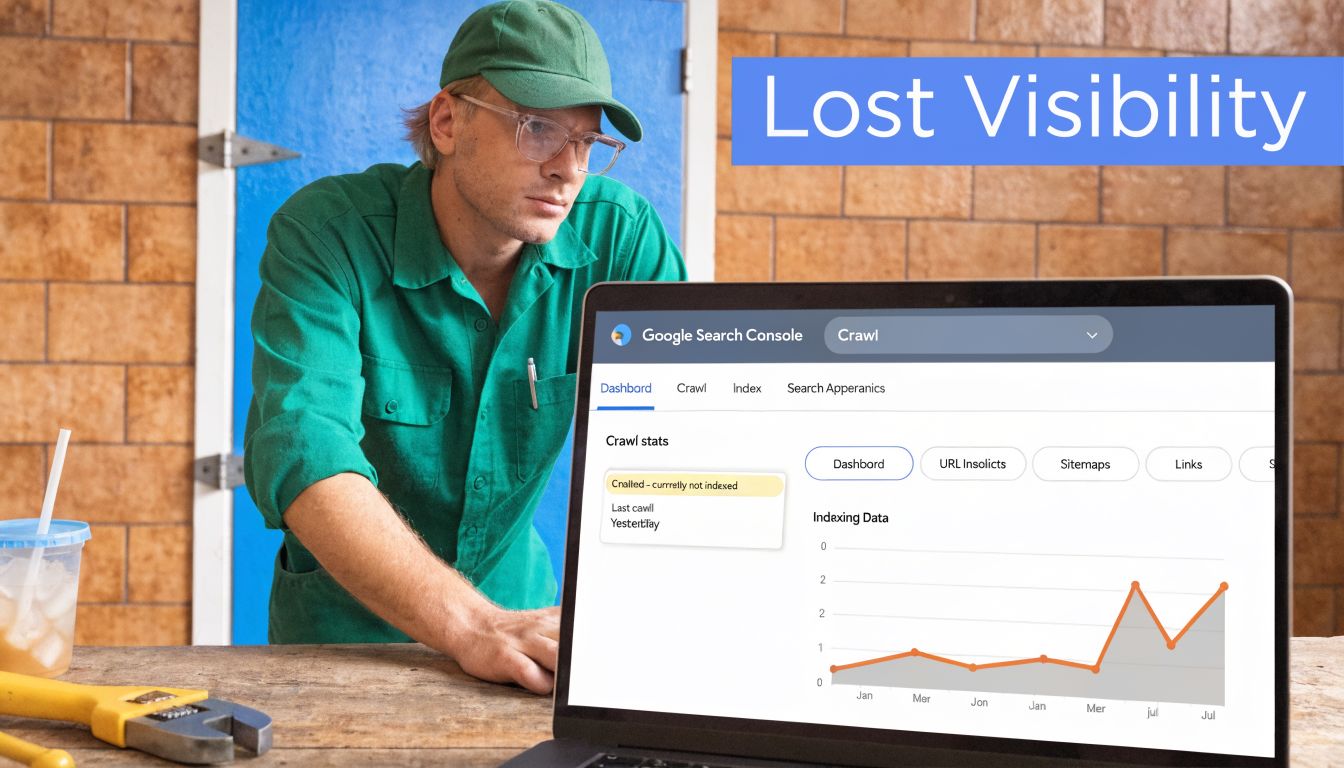 A man in a green uniform examining Google Search Console data on a laptop screen.