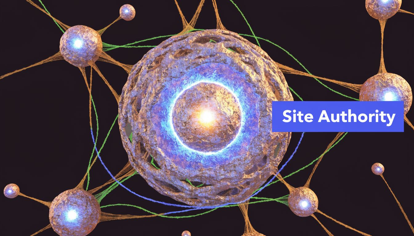 A digital representation of a central glowing sphere connected to smaller satellites symbolizing site authority and connectivity.
