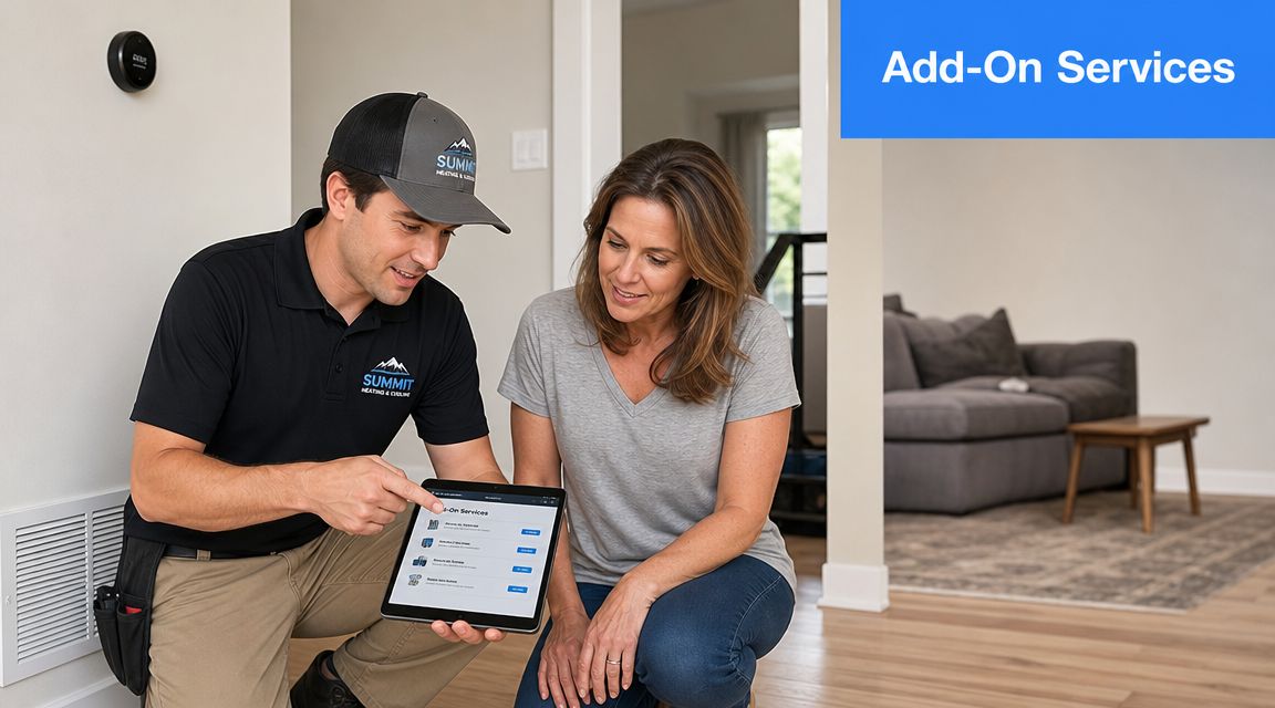 A service technician explains service options on a tablet to a female customer in her home.