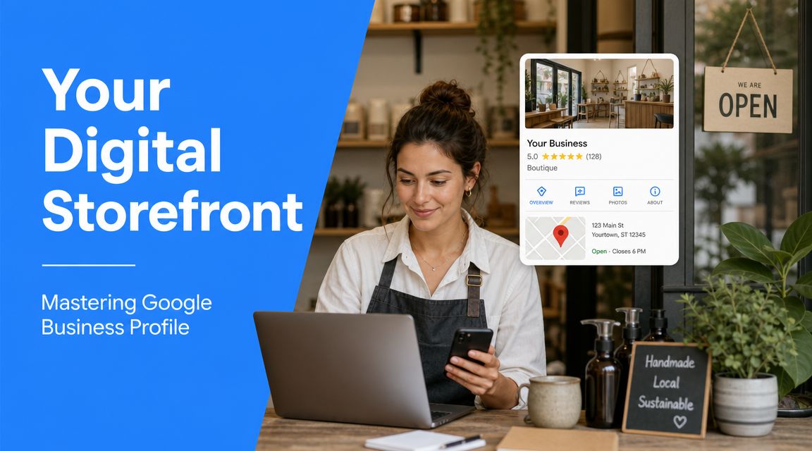 A woman working on a laptop with a digital Google Business Profile overlay showing her business information.