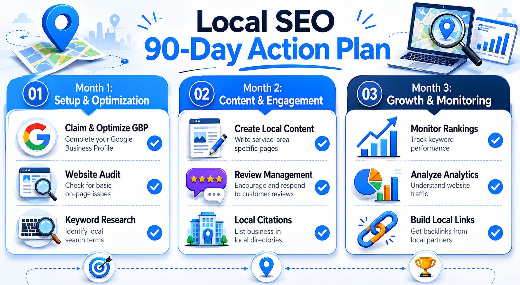 A 90-day local SEO action plan infographic detailing steps for website setup, content creation, and growth monitoring.