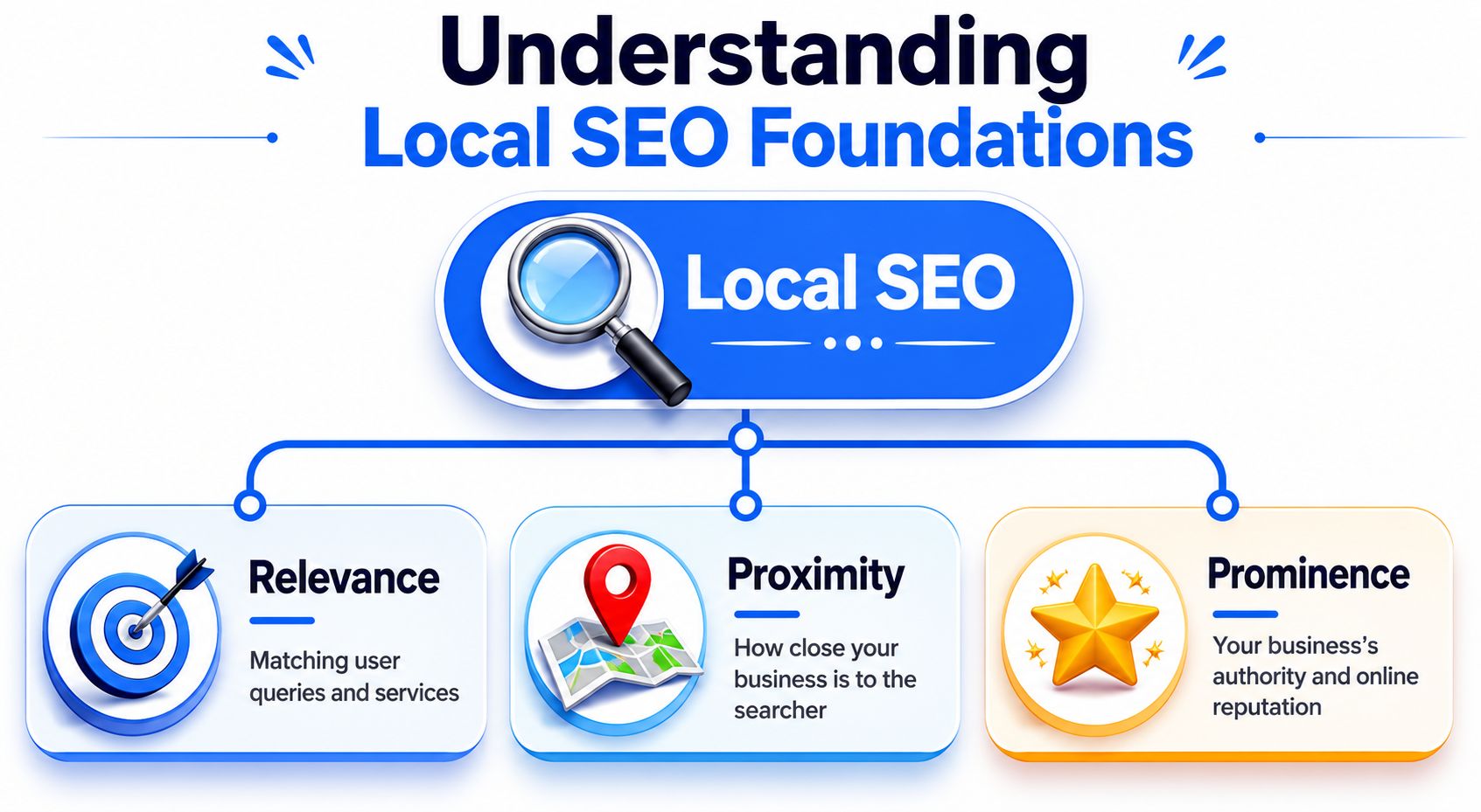 A diagram explaining the three core foundations of local SEO: relevance, proximity, and prominence for businesses.