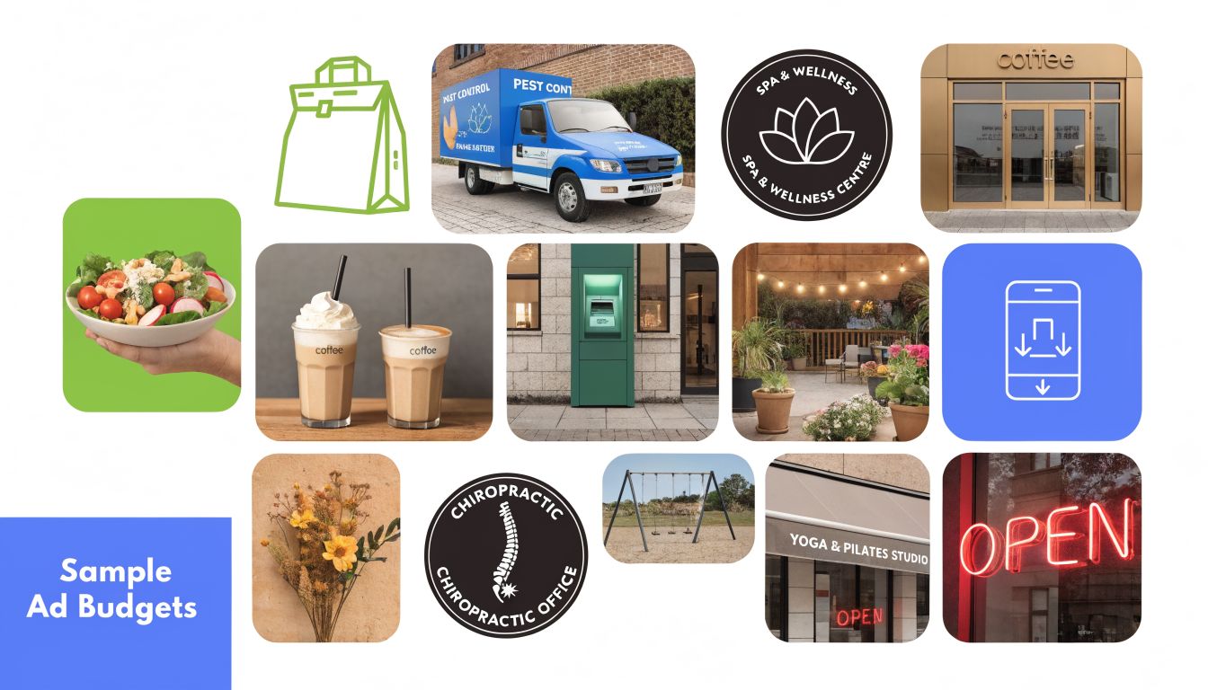 A collage showing various business marketing concepts including a coffee shop, gym, spa, and digital advertising icons.