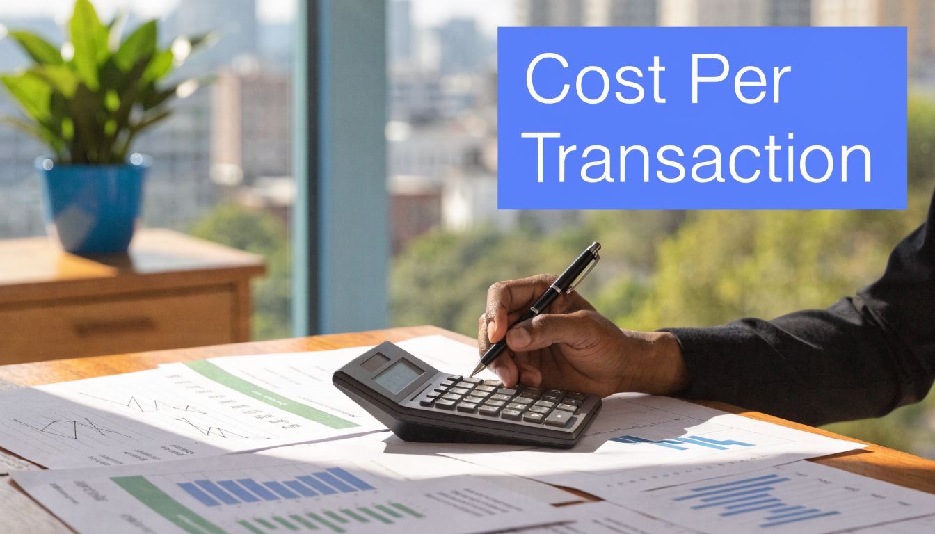 A professional analyzing business financial documents and using a calculator to determine cost per transaction efficiency.